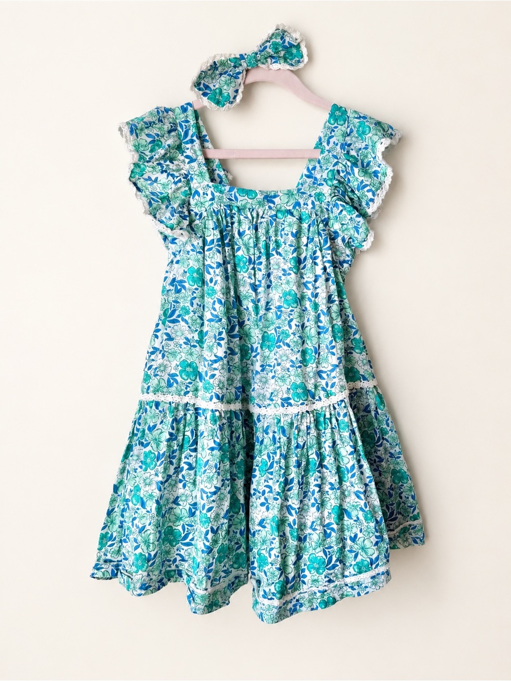 Sigrid Olsen Girls Blue Floral Cotton Tiered Dress Size 7-8 Kids Ruffle Lace